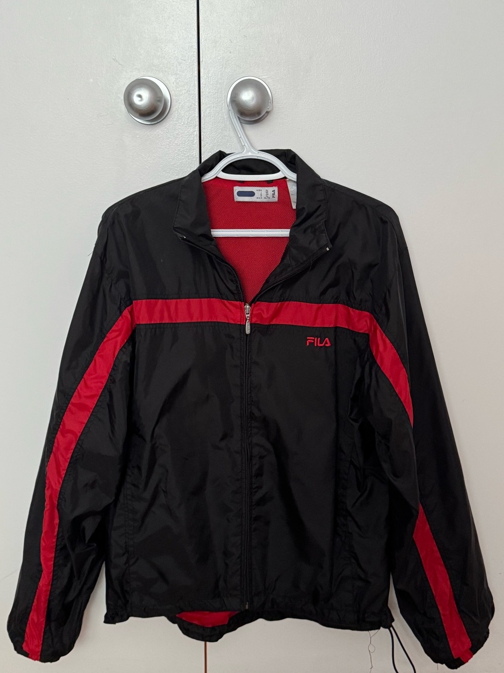 Fila - Vintage Black Windbreaker with Red Stripe Accent